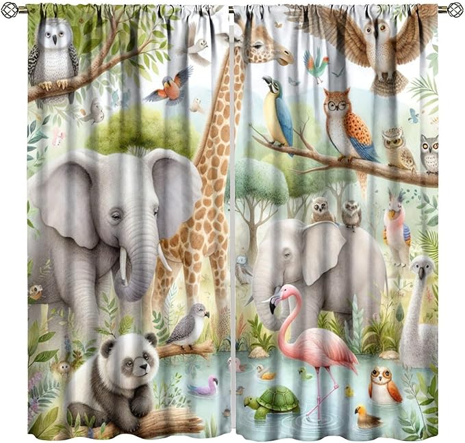 Kids Animals Curtain Cartoon Western Wildlife Flamingo Elephant Giraffe Window Treatment for Baby Children Bedroom Living Room 63" W X 72" L