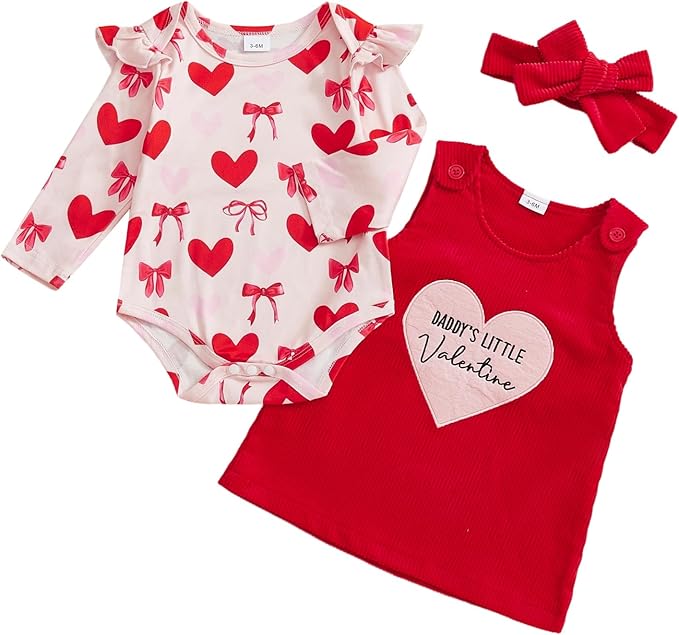 FIOMVA My First Valentines Day Outfit Clothes Baby Girl Romper Love Onesie Heart Embroidery Overalls Suspender Dress Set