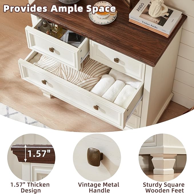 Farmhouse Bedroom Dresser and Nightstand Set of 4, 6 Drawer Low & 5 Drawers Dresser & 3 Drawer Nightstand Set with Wooden Legs, Rustic Wood Furniture for Bedroom, Hallway, White