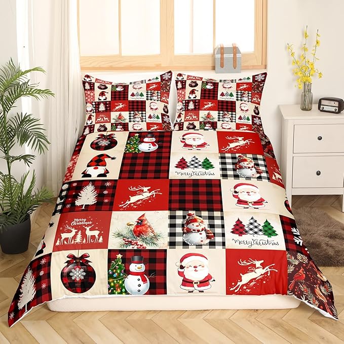 Manfei Christmas Duvet Cover Set Twin Size, Deer Tree Snowman Santa Claus Print Comforter Cover with 1 Pillowcase, Plaid Grid Print Bedding Set 2pcs for Kids Boys Girls Bedroom Decor,No Comforter
