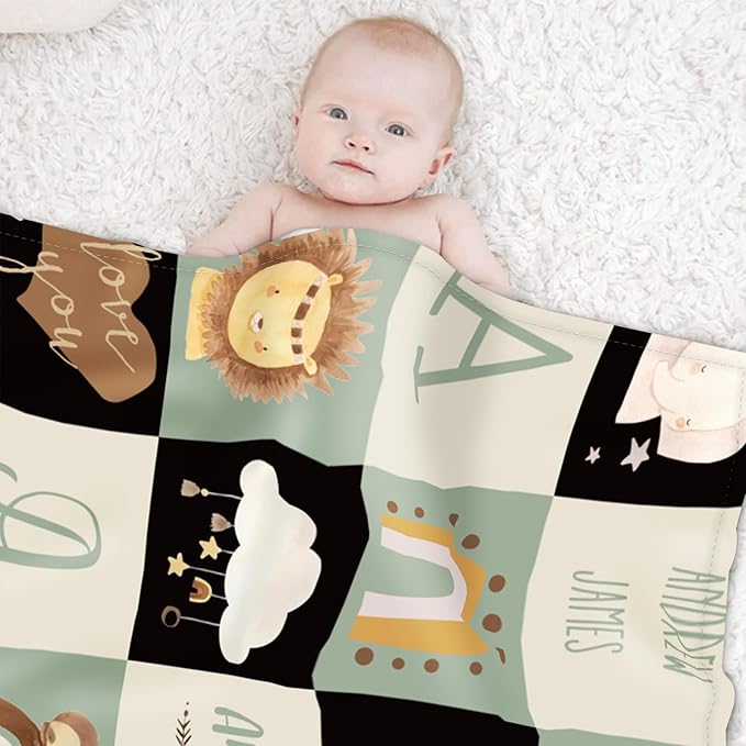 Custom Safari Animals Blanket Gift, Personalized Baby Blanket with Name, Soft Plush Flannel/Sherpa Fleece Throw Blankets for Toddler Kid Teen Boys Girls Color09