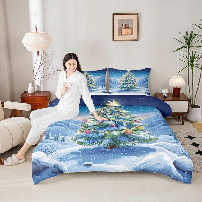 Feelyou Christmas Comforter Set King Size Xmas Tree Bedding Set for Kids Boys Girls Winter Snowflake Duvet Quilt Christmas Tree Ornaments Bedroom Decor Microfiber 3 Pcs with 2 Pillow Cases