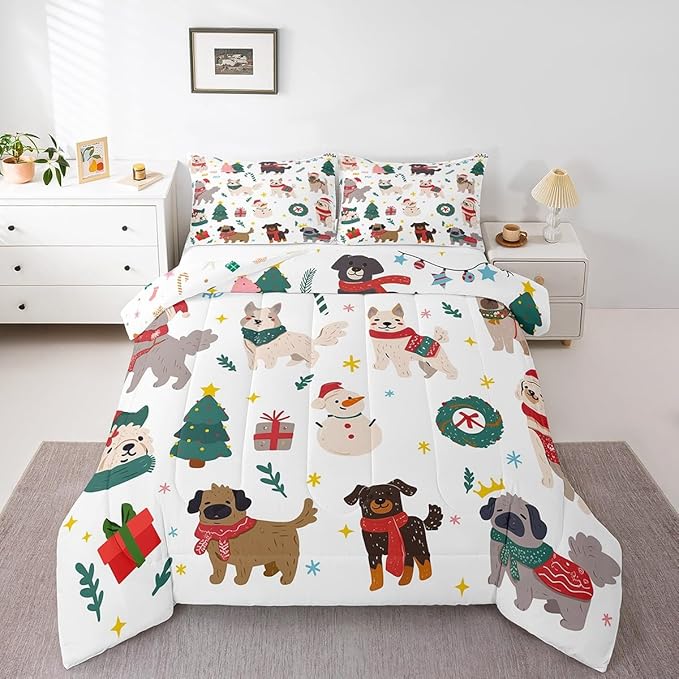 Erosebridal Merry Christmas Quilt Toddler Size Cartoon Dog Comforter Set for Teens Kids Boys Xmas Tree Snowman Bedding Set Cute Pug Puppy Animal Duvet Insert with 1 Pillow Case