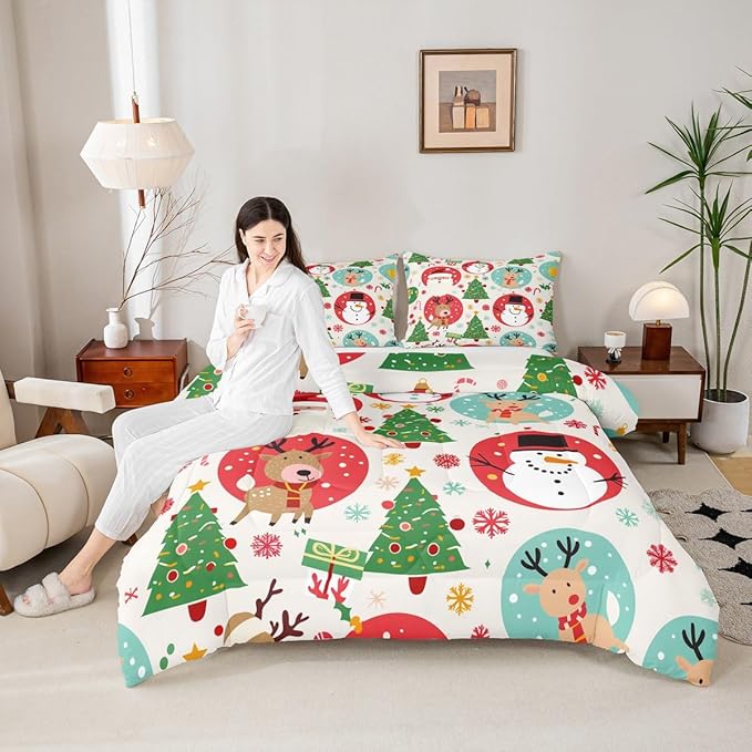 Feelyou Christmas Bedding Set Soft for Boys Girls, Santa Snowman Comforter Set Full Size Deer Xmas Tree Duvet Quilt Microfiber Snowflake Bedroom Decor 3 Pcs with 2 Pillow Cases