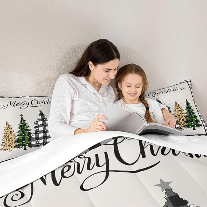 Manfei Merry Christmas Kids Comforter Set Twin Size,Leopard Plaids Pines Trees Bedding,Girls Boys Adults Bedroom/Xmas Cabin Decor,Geometric Grids Retro Down Comforter,Rustic Duvet Insert,1 Pillowcase