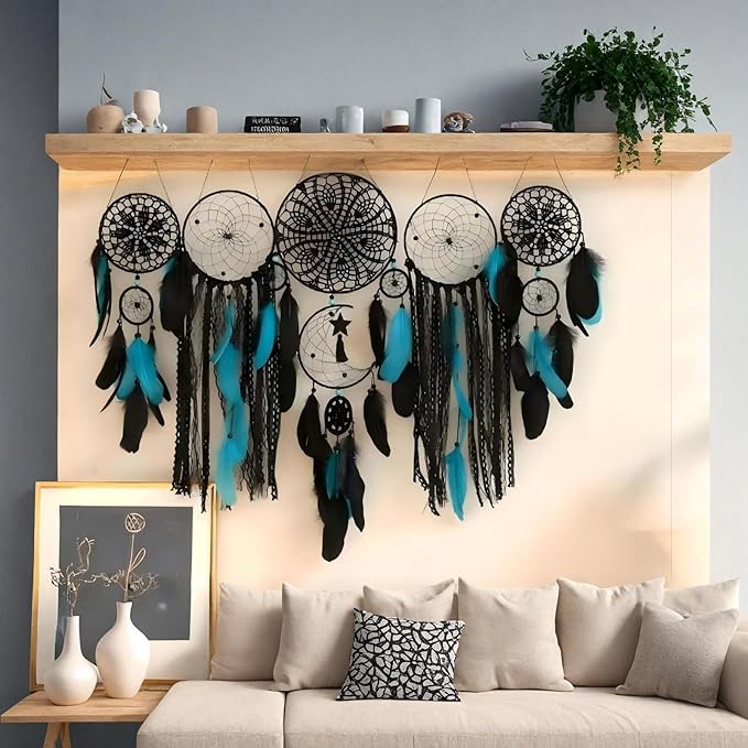 Dream Catcher Wall Decor,Large Boho Dream Catcher with Luxurious Feathers & Beads, Handmade Wall Hanging for Bedroom, Nursery, Living Room, Gift Ready for Girls & Adults (Black-Purple)