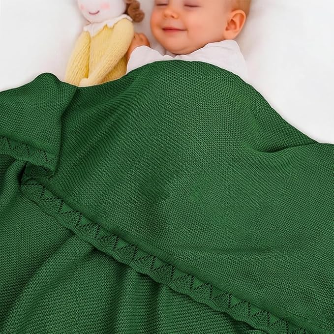 Baby Knit Blanket Soft Breathable Cotton Scallop Border Blankets Newborn Knitted Blanket Swaddle Blankets Gifts for Baby Newborn Toddler Shower Boy Girl New Mom Birthday Christmas Green 30x40
