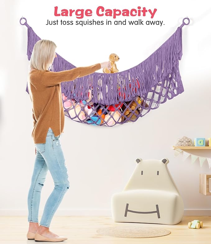 Extra Large Stuffed Animal Net Hammock - [56'' Long/Handwoven Macrame/Lavender] Toy Hammock Storage for Flat Wall, Hardware Included