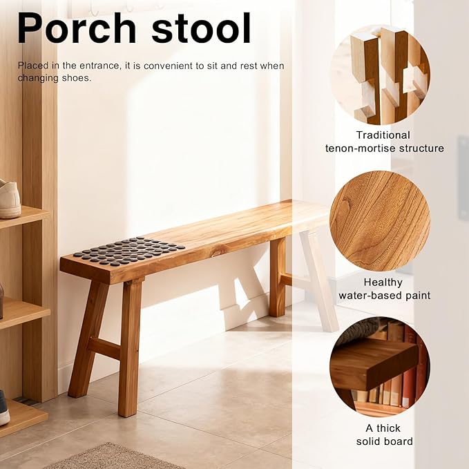 Wooden Entryway Bench Farmhouse for Bedroom End of Bed Vintage Artisan Live Edge Ustic Interior Decor Accent Mudroom,Bedside,Dinette Table,Noodle Narrow Bench (31.5" W x 17.7" H x 10" D)
