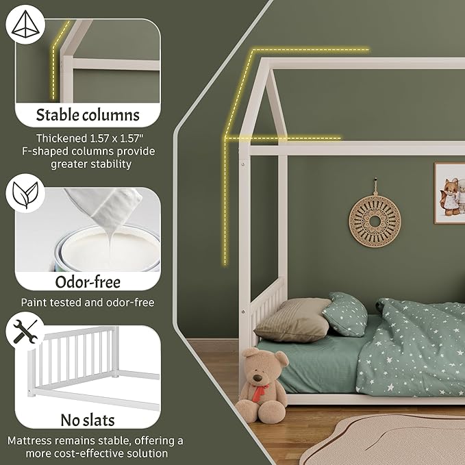 Merax Twin Floor Bed Frame, Montessori Style Metal House Shaped Kids Bed with Vertical Safety Guardrails, No Slats, Grounded Design for Kids and Toddlers, Easy Assembly, White