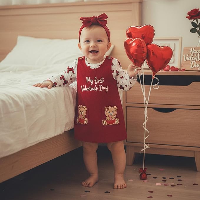 FIOMVA My First Valentines Day Outfit Clothes Baby Girl Romper Love Onesie Heart Embroidery Overalls Suspender Dress Set