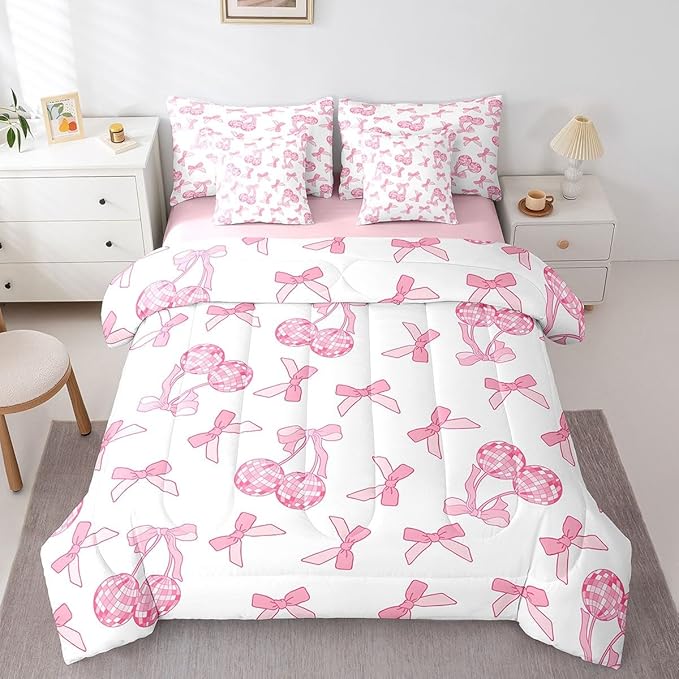 7 Pieces Cartoon Bowknot Kids Comforter Set Full,Western Cowgirl Disco Ball Retro Bedding Set,Bow Tie Cute Princess Pink Romantic（Comforter+Fitted+Flat Sheet+2 Pillowcases+2 Throw Pillow Covers）