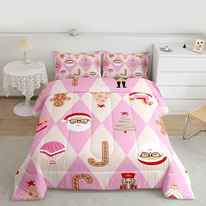 Feelyou Pink Christmas Kids Comforter Set Queen Size Santa Claus Bedding Set Xmas Tree Nutcracker soldier Duvet Quilt for Kids Boys Girls Bedroom Gingerbread Man Decor Microfiber Ultra Soft Breathable