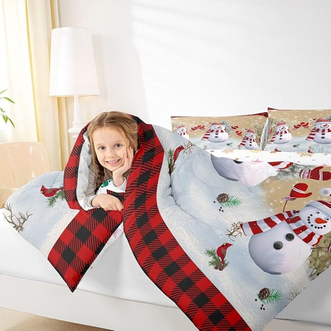 Cartoon Snowman Kids Christmas Comforter Set Twin Size,Pines Snowflake Rustic Bedding,Girls Boys Adults Bedroom/Xmas Cabin Decor,Grids Geometric Down Comforter,Farmhouse Duvet Insert,1 Pillowcase