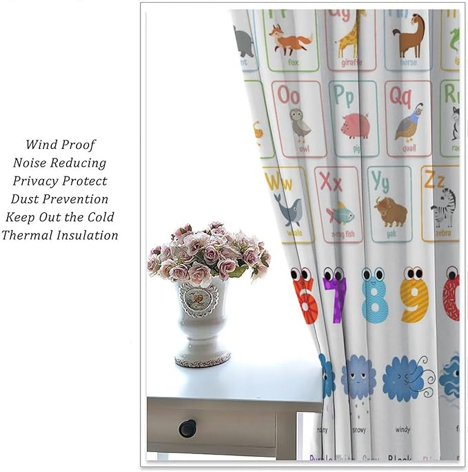 Kids Alphabet Curtains Cartoon Animal Funny Learning Colorful Educational Nursery Curtain with Rod Pocket for Bedroom Classroom Decor Drapes Window Treatments 2 Panels Set 63" W X 63" L