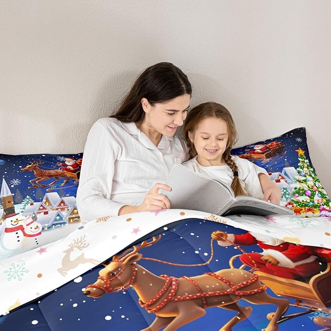 Manfei Christmas Comforter Set King Size, Snowman Xmas Tree Print Bedding Set 3pcs for Kids Boys Girls Room Decor, Santa Claus with Reindeer Down Comforter New Year Duvet Insert with 2 Pillowcases