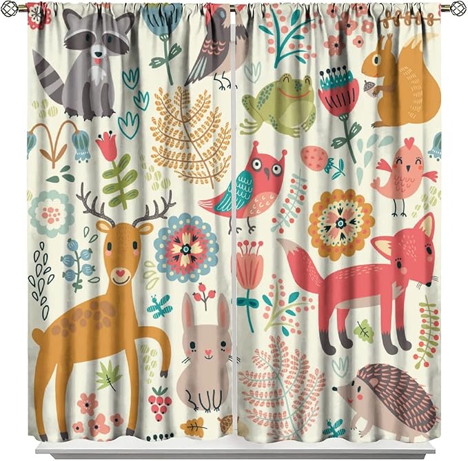 Kids Baby Woodland Blackout Curtains,Forest Animals Plants Cartoon Funny Colorful Deer Fox Owl Pattern Thermal Insulation Window Drapes for Boys Girls Children's Bedroom 72x63in