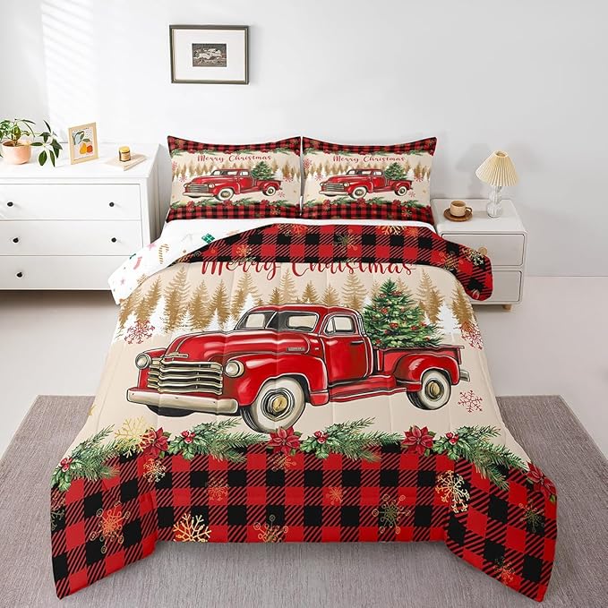 Erosebridal Merry Christmas King Bedding Set Red Truck Comforter Sets for Kids Boys Girls Teens Room Decor,Xmas Tree Down Comforter Red Black Buffalo Plaid Decor Bed Set Car Printed Themed Quilt Set