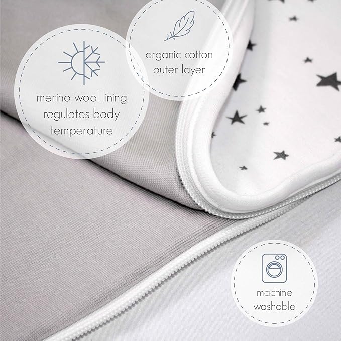 Woolino Merino Wool and Organic Cotton Baby Sleep Bag - 4 Season Classic Sleep Sack - Two-Way Zipper Sleeping Bag for Baby and Toddler - 0-6 Months - Night Sky