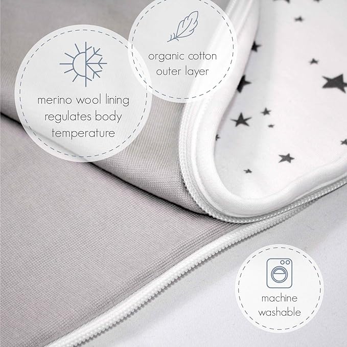 Woolino Merino Wool and Organic Cotton Baby Sleep Bag - 4 Season Classic Sleep Sack - Two-Way Zipper Sleeping Bag for Baby and Toddler - 18-36 Months - Night Sky