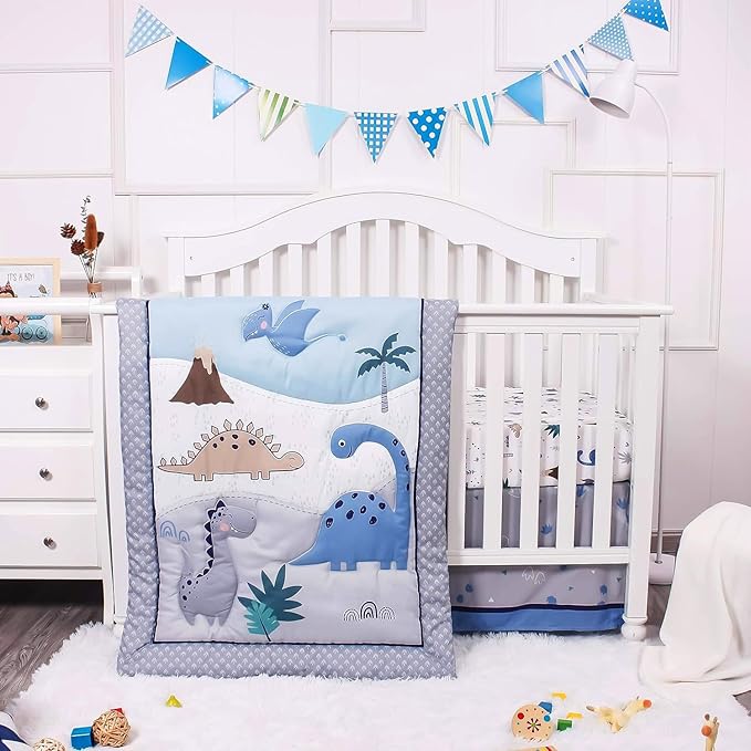 La Premura Baby Crib Bedding Set for Boys – Dinosaur 3 Piece Standard Size Nursery Crib Comforter Set, Grey/Blue - Unisex Baby Nursery Bedding and Neutral Decor