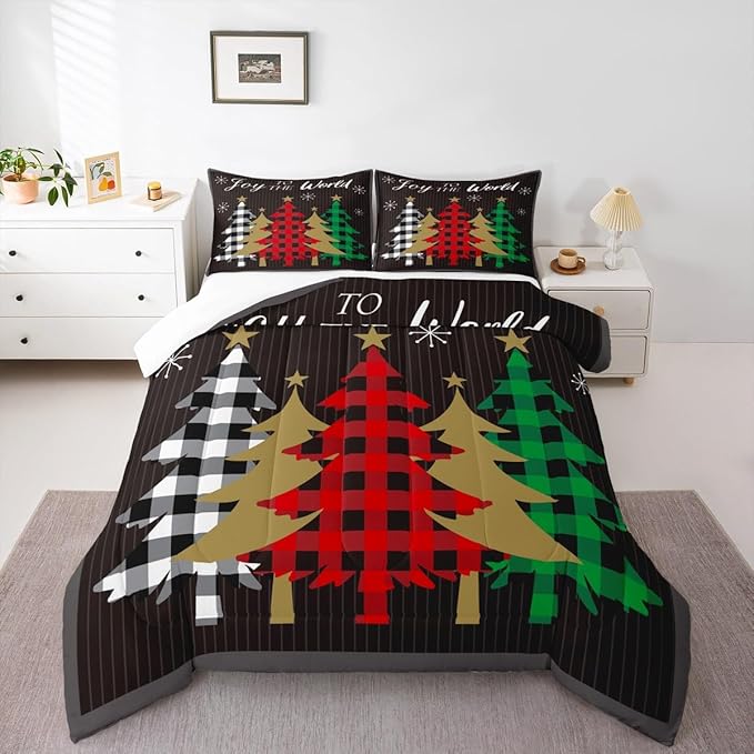 Christmas Kids Comforter Set Full Size,Plaid Pine Trees Snowflake Bedding,Girls Boys Adults Bedroom/Xmas Cabin Decor,Geometric Lines Stylish Down Comforter,Rustic Colorful Duvet Insert,2 Pillowcases