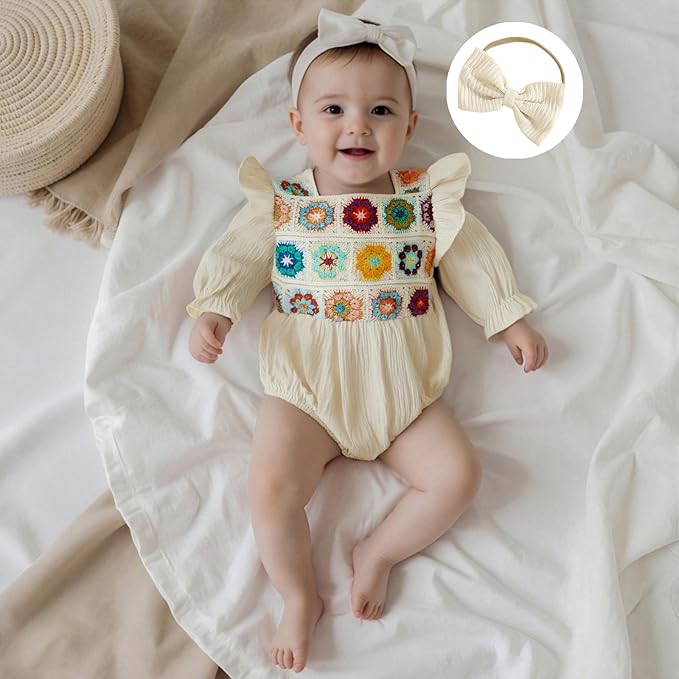 Gaono Newborn Baby Girl Smocked Bubble Romper Cute Boho Summer Clothes Ruffle Sleeveless Crochet Flower Vintage Bodysuit