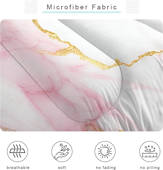 Comforter Set Pink Marble: King Size Bedding Sets for Women Girls Teens Bedroom Luxury Pink Gold Glitter Abstract Marbling Pastel Bed Set 1 Comforter & 2 Pillowcases