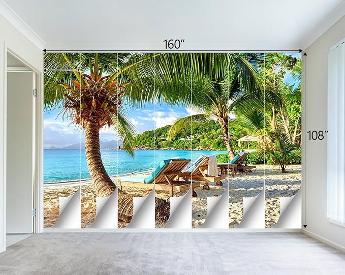 Classy Beach Backdrop Wallpaper for Bedroom Palm Tree Large Wall Mural Living Room Beach Scene Adhesive Fabric Decor - 160"x108"（Not Peel and Stick）