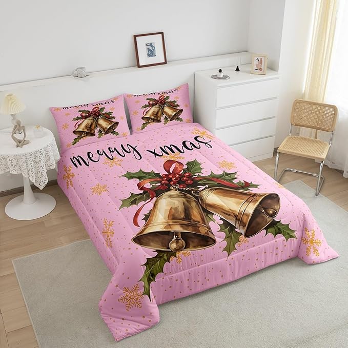 Erosebridal Merry Xmas Kids Queen Comforter Set Christmas Bell Bedding Sets for Girls Happy New Year Theme Down Comforter for Boys Teens Snowflake Quilt Set,Pink