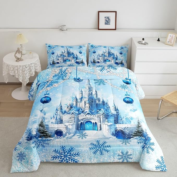 Dreamy Castle Full Size Comforter Set,Princess Blue Winter Snowflakes Bedding Comforters Bedroom Collection,Fairy Tale Theme Watercolor Christmas Bedding Set for Girls Teens