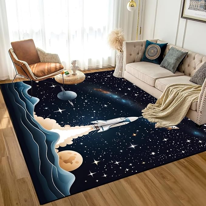 Space Rug for Kids Room Black Rocket Rugs for Boys Bedroom Stars Galaxy Carpet Planet Printed Throw Rugs for Teens Living Room,39 in x 79 in