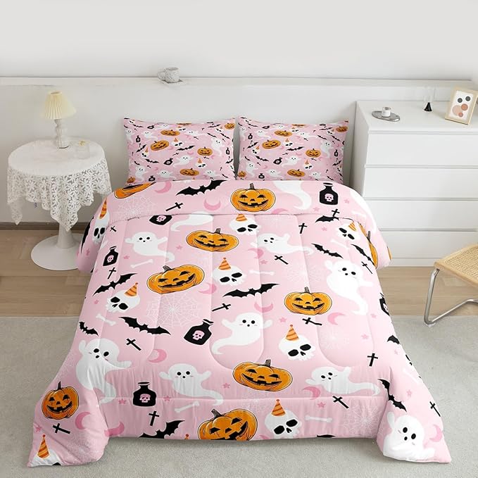 Erosebridal Pink Halloween Comforter Set Cute Ghost Bedding Set King Size,Spooky Pumpkin Bat Decor Quilt for Kids Boys Girls Adults Vintage Halloween Decorations Down Comforter