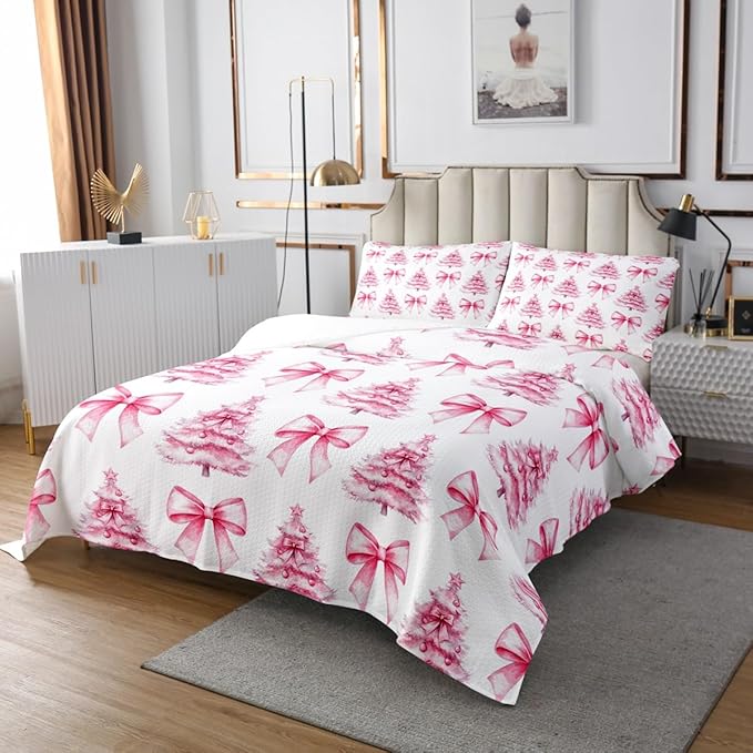 Manfei Pink Bowknot Kids Bedspread Queen Size,Christmas Trees Pine Bow Tie Toddler Coverlet Set,Girls Women Room Decor,Merry Christmas Happy New Year Quilted Coverlet,Xmas Bedding Quilt,2 Pillowcases