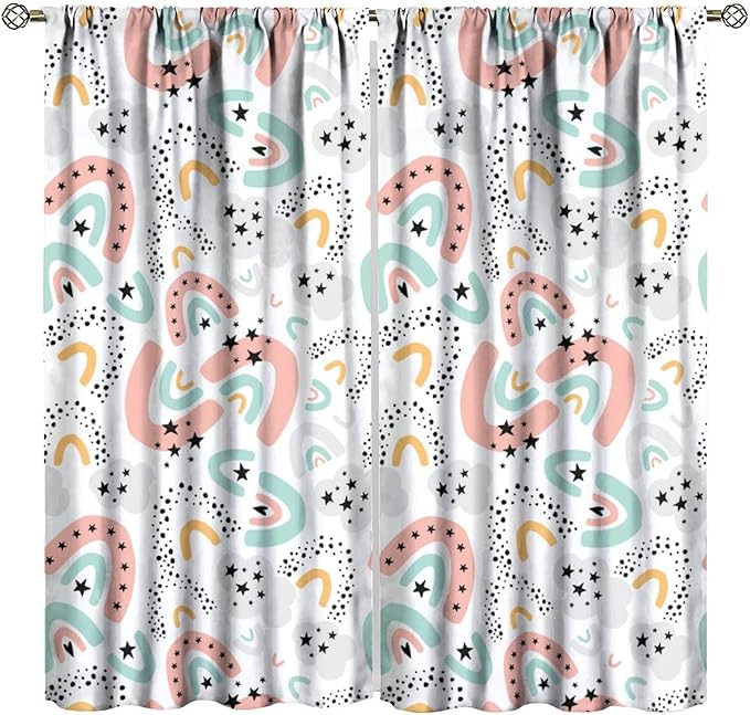 Boho Rainbow Curtains for Kids Nursery Colorful Floral Sun Star Clouds Pastel Bohemian Pattern Print Window Drapes for Girl Bedroom Living Room Kitchen Decor,2 Panel Set,42Wx63H Inch Blackout