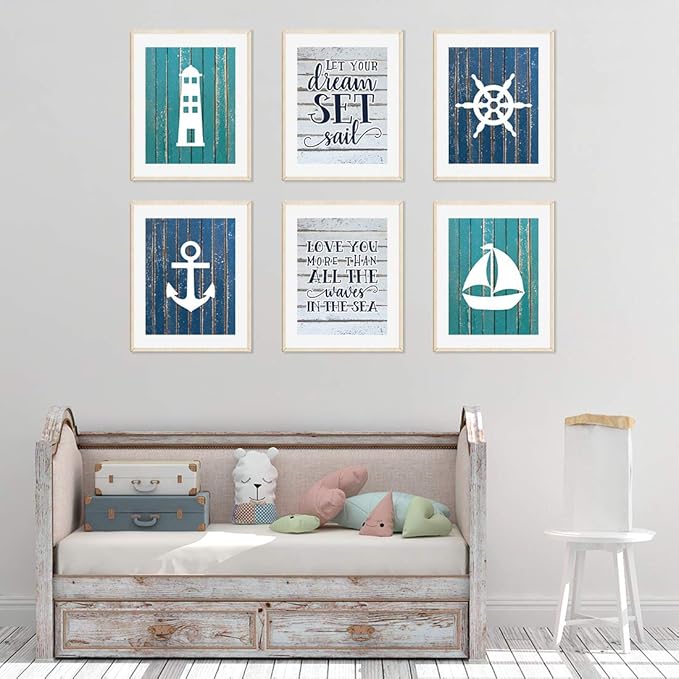 Andaz Press Ocean Nautical Sailor Theme Nursery Kids Bedroom Hanging Wall Art Decor, 8.5x11-inch, Blue Aqua Rustic Wood, Let Your Dreams Set Sail, 6-Pack, Unframed Room Poster