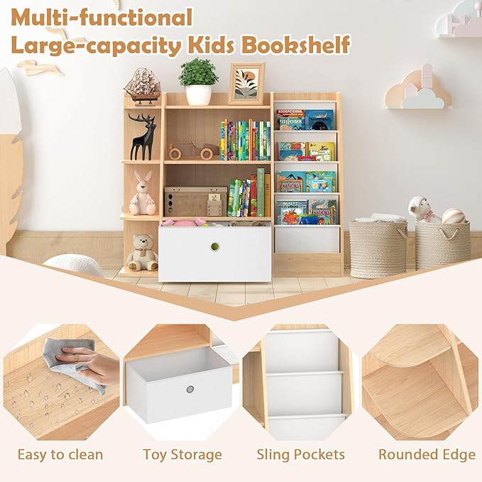 Kids Bookshelf and Toy Storage,4 Tier Wooden Kids Book Shelf,Large Childrens Bookshelf with Drawers,Open Bookcase & Storage Organizer Boxes for Nursery,Playroom, Bedroom,Burlywood
