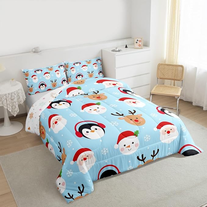 Feelyou Merry Christmas Comforter Set All Season Santa Claus Bedding Set with 2 Pillow Cases Deer Penguin Microfiber Kids King Bedclothes Snowman Bedroom Decor Duvet Quilt Breathable Soft Lightweight