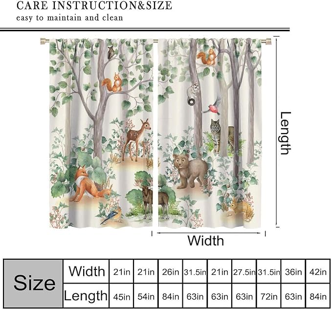 Woodland Animal Curtains, Cartoon Wild Rustic Forest Animals Pattern Blackout Window Treatments, Rod Pocket Thermal Insulated Drapes 2 Panel Sets for Kids Bedroom Nursery Classroom, 42" W X 63" L