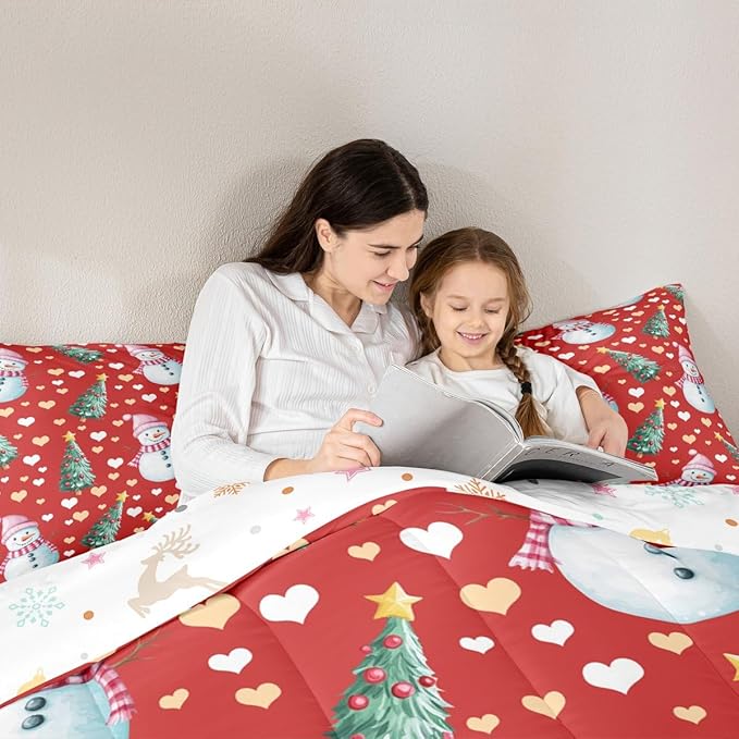 Feelyou Merry Christmas Comforter Set Queen Size Cute Snowman Bedding Set for Kids Boys Girls Christmas Tree Duvet Quilt Love Hearts Microfiber 3 Pcs with 2 Pillow Cases