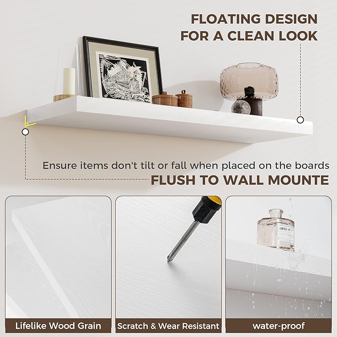 Fun Memories 12 Deep Floating Shelves for Wall, 48W x 12D Extra Large Floating Shelves Set of 2, Hanging Wood Wall Shelves for Living Room, Kitchen, Bedroom, Farmhouse, Laundry Room, Office - White