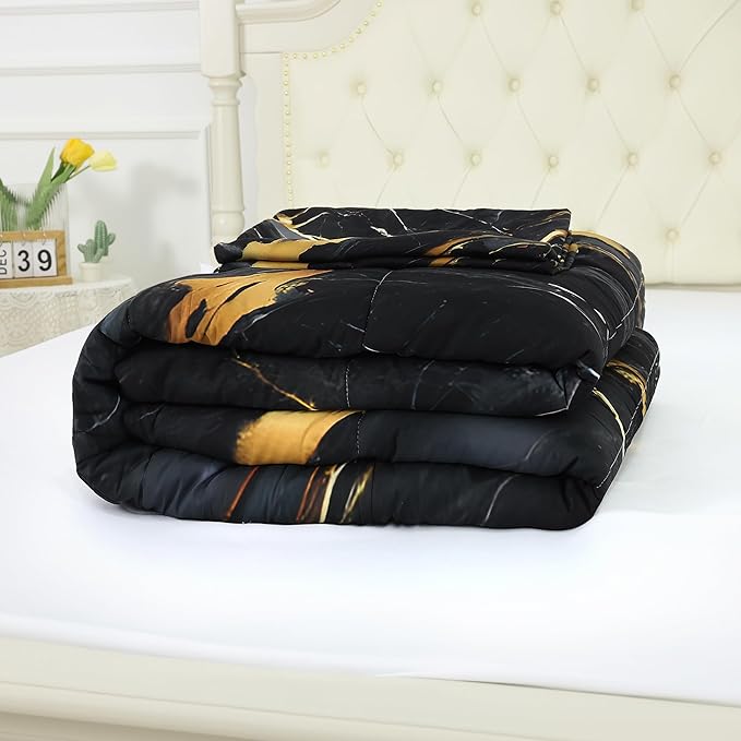 Black Marble Comforter Queen: Abstract Black and Gold Comforter Set Modern Marbling Luxury Quilt Bedding Set 3PC for Men Women Adults Bedroom 1 Comforter & 2 Pillowcases