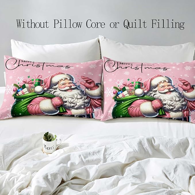 LUVIVIHOME 3PCS Pink Santa Claus Duvet Cover King, Christmas Bedding Sets, Pink Duvet Cover, Kids Girls Bedding, Snowflake Holiday Xmas Gifts Christmas Comforter Bedspread Quilt Cover, 2 Pillow Shams