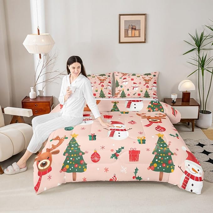 Feelyou Christmas Comforter Set Toddler Size Snowman Bedding Set for Kids Boys Girls Deer Xmas Tree Duvet Quilt New Year Gift Bedroom Decor Snowflake Microfiber 2 Pcs with 1 Pillow Cases