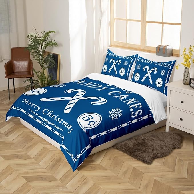 jejeloiu Christmas Bedding Set Full Size Kids Christmas Quote Comforter Cover Set for Boys Girls Teens Candy Canes Print Duvet Cover Xmas Bedspread Cover Room Decorations Blue Quilt Cover