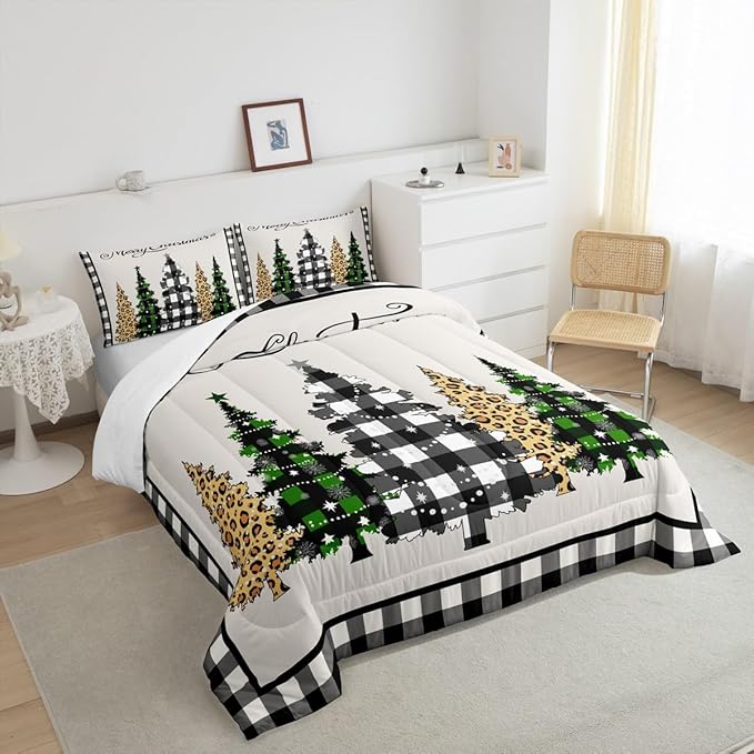 Merry Christmas Kids Comforter Set Queen Size,Leopard Plaids Pines Trees Bedding,Girls Boys Adults Bedroom/Xmas Cabin Decor,Geometric Grids Retro Down Comforter,Rustic Duvet Insert,2 Pillowcases