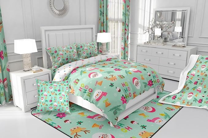 Feelyou Christmas Decor Bedding Set Soft for Boys Girls, Happy New Year Comforter Set Toddler Size Santa Claus Duvet Quilt Microfiber Bedroom Decor 2 Pcs with 1 Pillow Cases