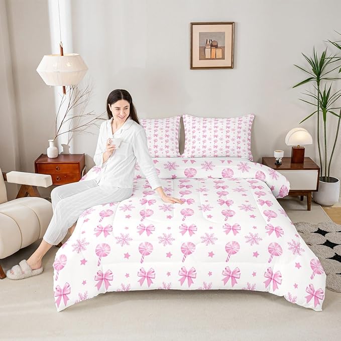Feelyou Pink Christmas Bedding Set Soft for Boys Girls, Bow Candy Comforter Set Full Size Star Snowflake Duvet Quilt Microfiber Bedroom Decor 3 Pcs with 2 Pillow Cases