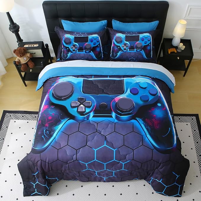 Wajade Game Console Comforter Set for Boys 7 Piece Blue 3D Gaming Geometric Bedding Sets for Kids Full Size as Birthday with Comforter, Sheet Set, Pillowcase and Sham