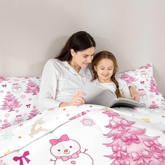 Feelyou Merry Christmas Kids Comforter Set Toddler Size Cute Snowman Bedding Set Cartoon Bowknot Duvet Quilt for Kids Boys Girls Bedroom Christmas Tree Decor Microfiber Ultra Soft Breathable